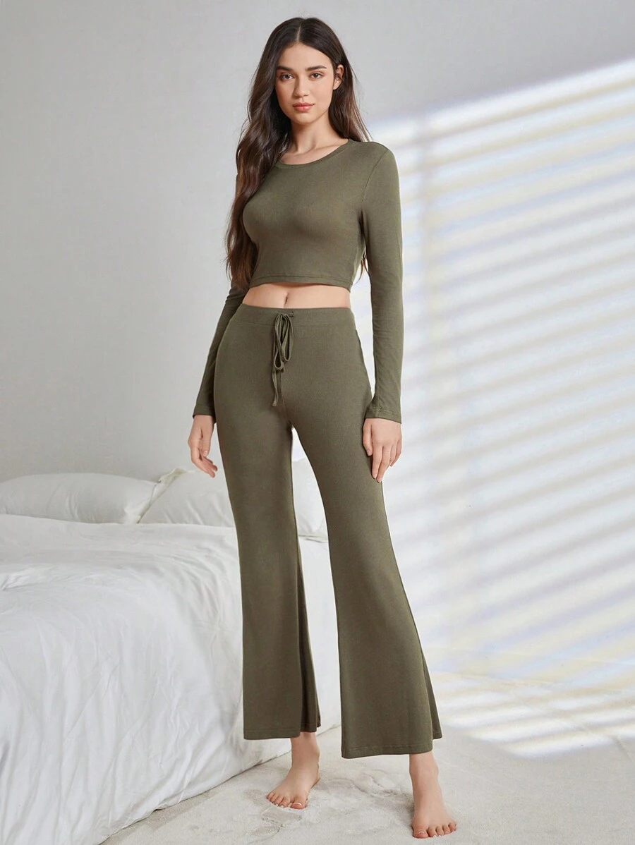 Ocili 2 件/套純色圓領長袖 T 恤和褲子家居服套裝 - 白色 - 查看 1