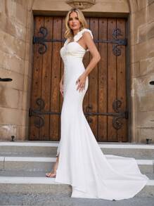 Fishtail Hem Cami Dress With Ruffle Trim And Split, Suitable For Evening Party - White - View 4