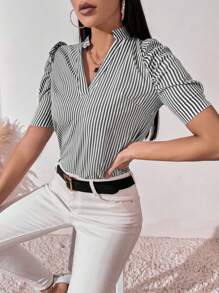 SHEIN Clasi 條紋v領泡泡袖女士襯衫 - 黑色 - 查看 1