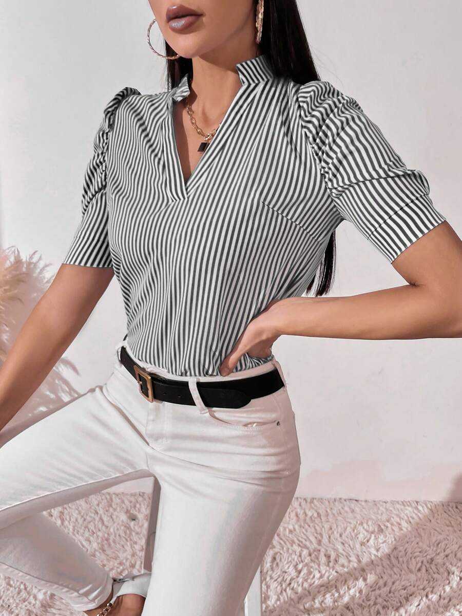 SHEIN Clasi 條紋v領泡泡袖女士襯衫 - 黑色 - 查看 1