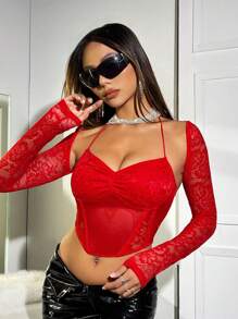 SHEIN ICON Fashion Sexy Contrast Lace Mesh Halter Neck Cami Top And Bolero Two Piece Set - Red - View 6