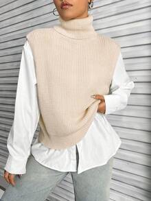 SHEIN Unity 高領素色毛衣背心 - 杏色 - 查看 6