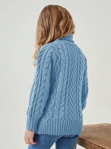 SHEIN Young Girl Turtleneck Cable Knit Sweater - Blue - View 2