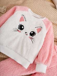 SHEIN Sudadera Y Pantalón Con Manga Raglán Y Bordado De Caricatura De Chica Joven - Rosa - Ver 5