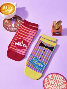 Willy Wonka and the Chocolate Factory X SHEIN 2 cặp Của phụ nữ Sọc Và In Tất mắt cá chân - Nhiều màu - Xem 8