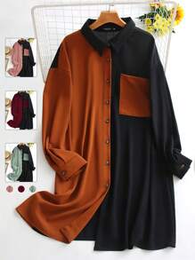 SHEIN LUNE Camisa de dos tonos con parche con bolsillo de hombros caídos - Multicolor - Ver 1