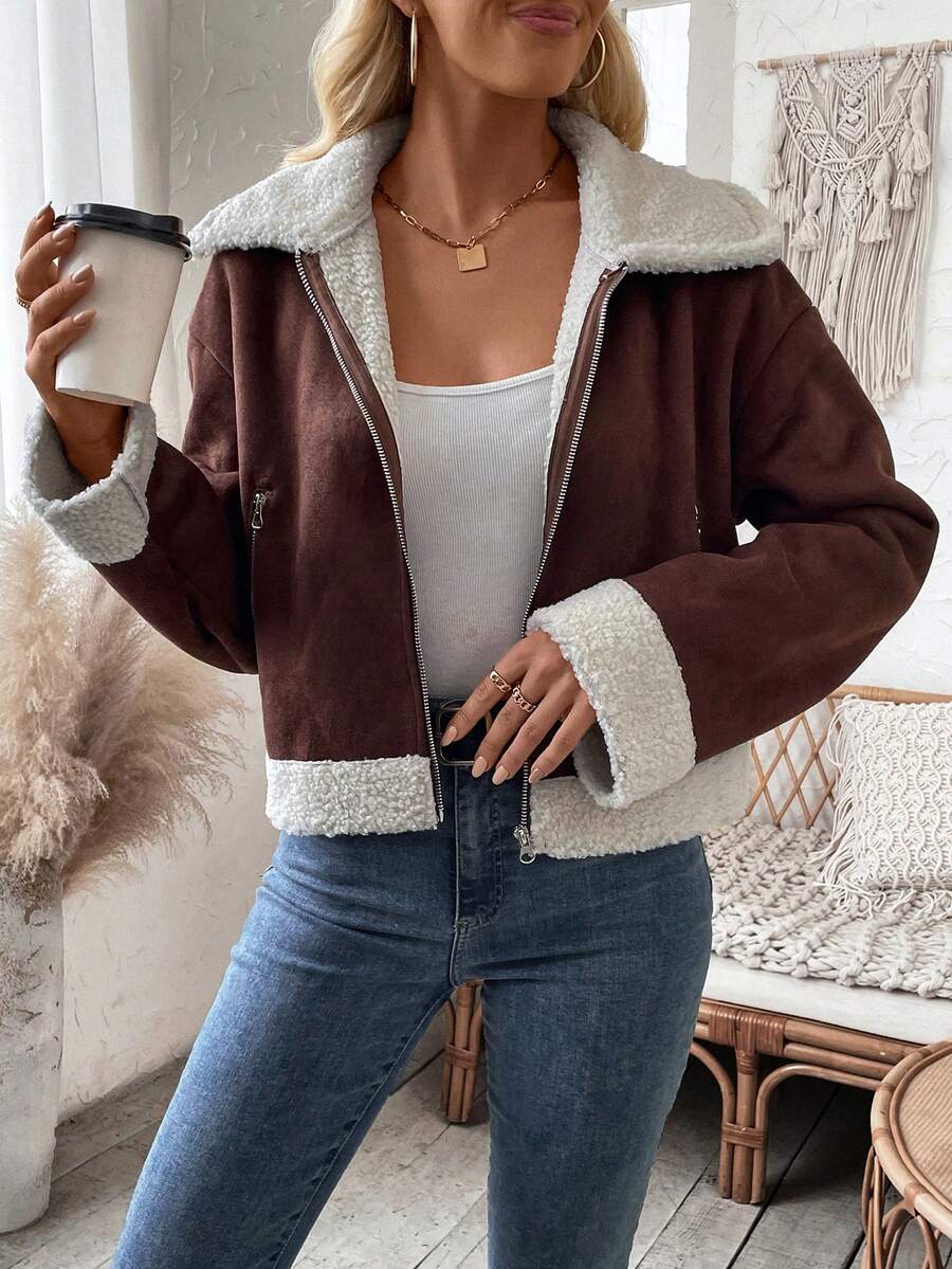 SHEIN LUNE Khối màu Teddy Vòng cổ Áo khoác - Cà phê nâu - Xem 1