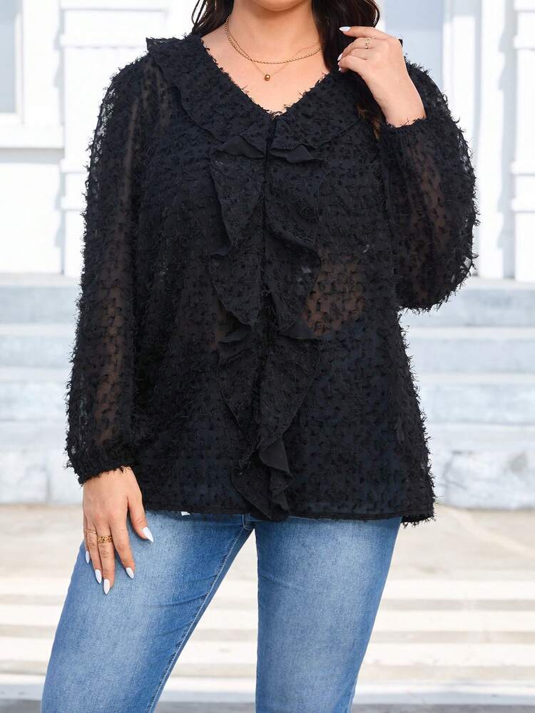 Women's Plus Size Black Shirt With Fur Design, Floral Lace Collar