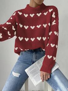 SHEIN Essnce Heart Patterned Turtleneck Sweater With Drop Shoulder Sleeve Design - Multicolor - View 4