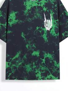 SHEIN 男童休閒街頭風格紮染骷髏與手印圓領寬鬆針織短袖 T 卹 - 彩色 - 查看 5