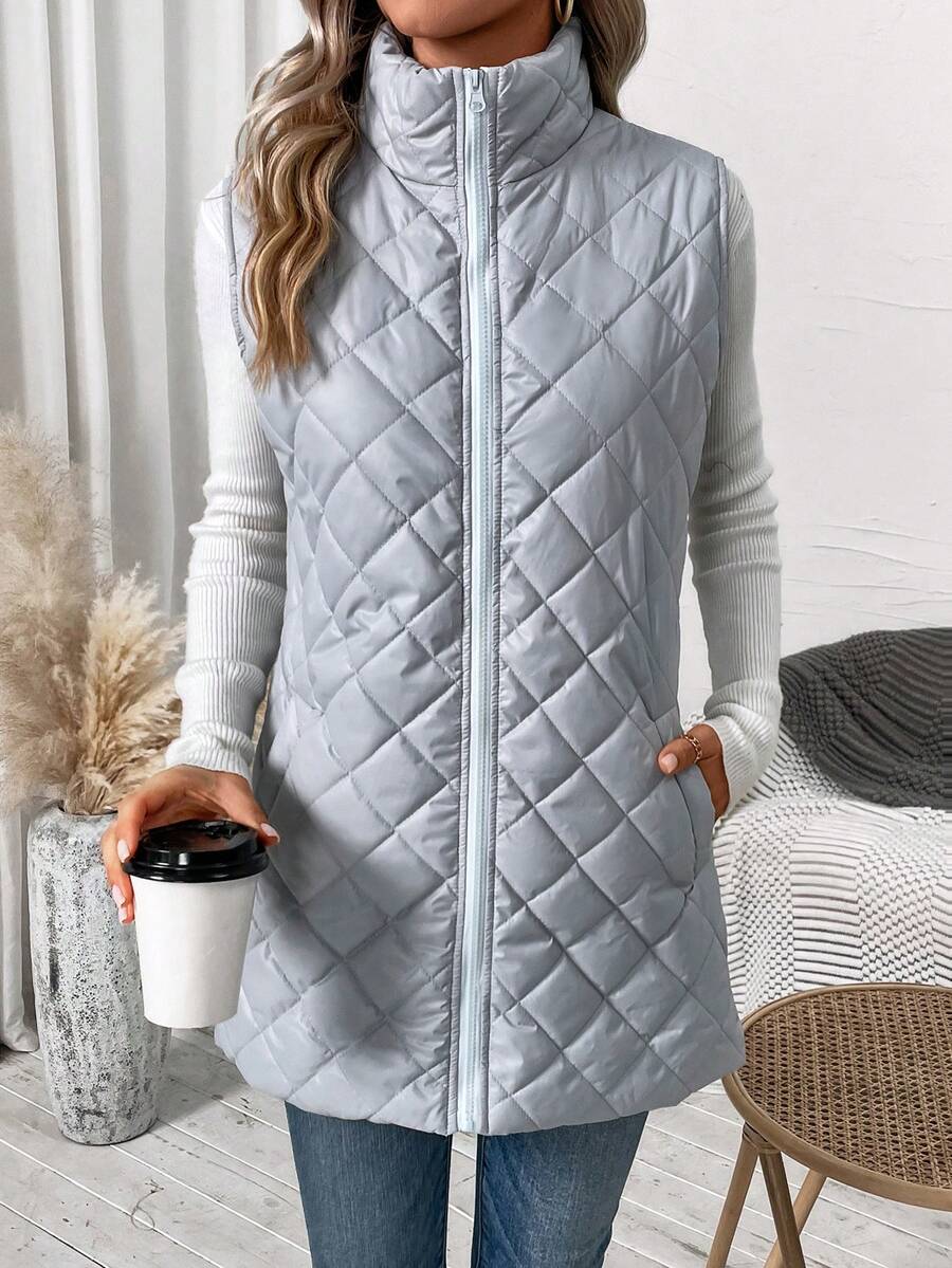 SHEIN Clasi Dây kéo áo có mũ Áo khoác vest quilted - Màu Xám nhạt - Xem 1