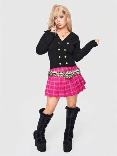 J-Fashion كارديجان أسود نسائي ذو صفين من الأزرار بقماش ناعم، بأسلوب كول