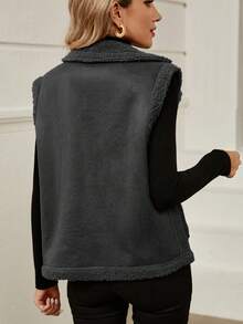 SHEIN LUNE Dual Pocket Teddy Lined Vest Jacket - Grey - View 2
