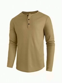 Manfinity Camiseta De Punto Lisa Para Hombre Con Cuello Media Tapeta De Botones Y Rayas Verticales - Caqui - Ver 1
