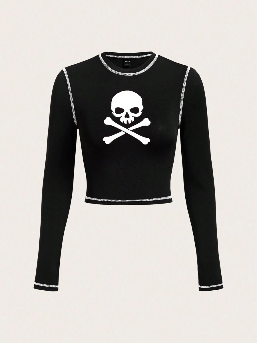 SHEIN Qutie Remera De Costura Superior Con Estampado De Cráneo - Blanco y Negro - Ver 1
