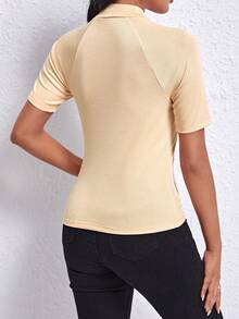 SHEIN Privé Mock Neck Button Detail Raglan Sleeve Tee - Apricot - View 2