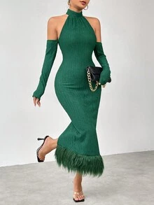 Allurite 露背荷葉邊緣修身連衣裙 - 墨綠色 - 查看 3