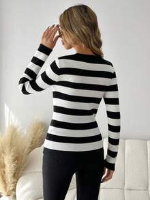 SHEIN LUNE Của phụ nữ Sọc Cổ vuông Thon gọn Áo len - Đen và trắng - Xem 2