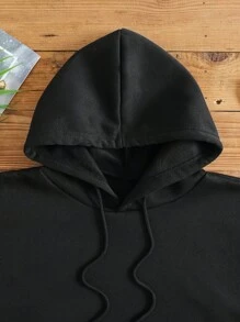 SHEIN EZwear 印有口號和卡通圖案的袋鼠口袋帶裡襯的連帽衫,保暖舒適 - 黑色 - 查看 4