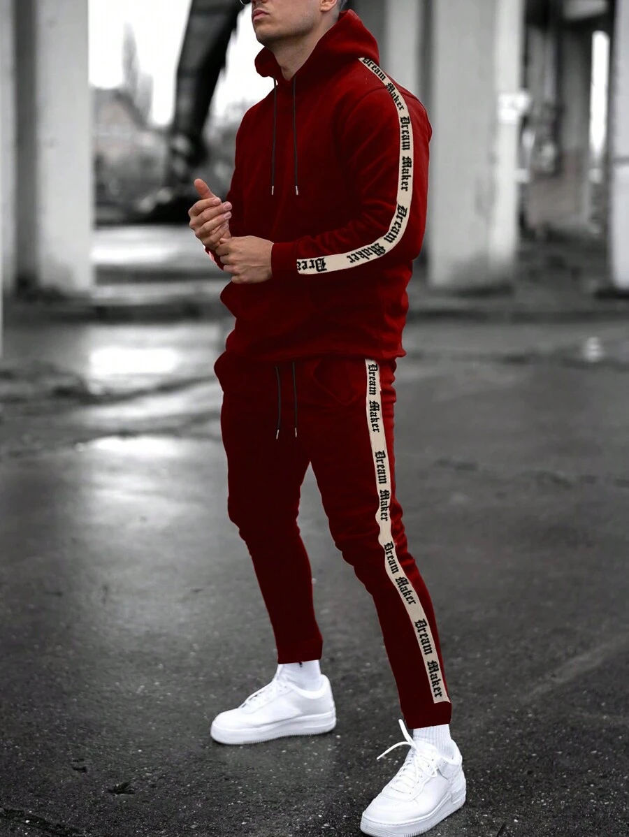 Manfinity Homme Men's Letter Printed Drawstring Hoodie And Sweatpants Set With Weave Detailing - Red - View 1