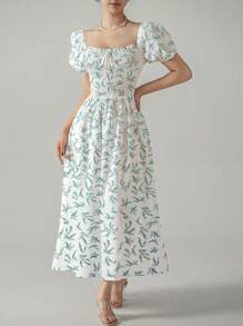 SHEIN VCAY Ditsy Floral Print Puff Sleeve Smock Dress - Cadet Blue - View 1