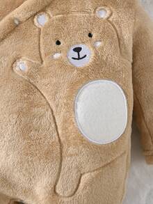 嬰兒男童熊刺繡連帽爬服睡衣 - 卡其色 - 查看 4