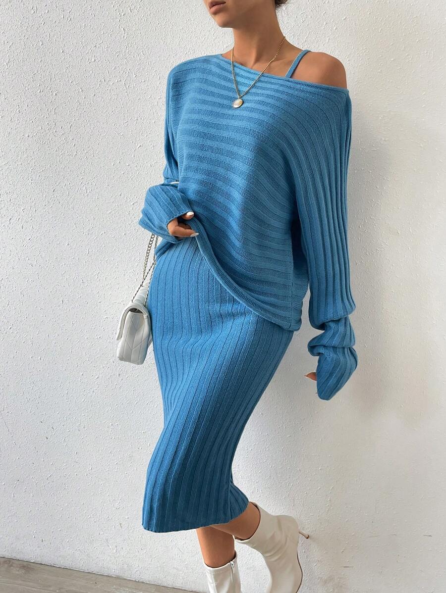 Chiquease Batwing Sleeve Sweater & Cami Sweater Dress - Green - View 1