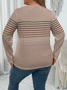 SHEIN LUNE Kích thước lớn Sọc & In Vòng cổ Áo thun - Màu Khaki - Xem 2