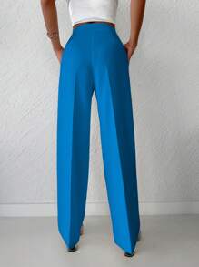SHEIN Cottnline Women's Solid Color Loose Straight Pants - Blue - View 2