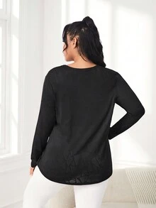 Yoga Basic Women's Plus Size Square Neck Yoga Long Sleeve Sports T-shirt - Black - View 2