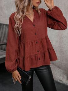 SHEIN LUNE Women's Lantern Sleeve Shirt With Notch Collar And Multi-layered Hem - Brown - View 1