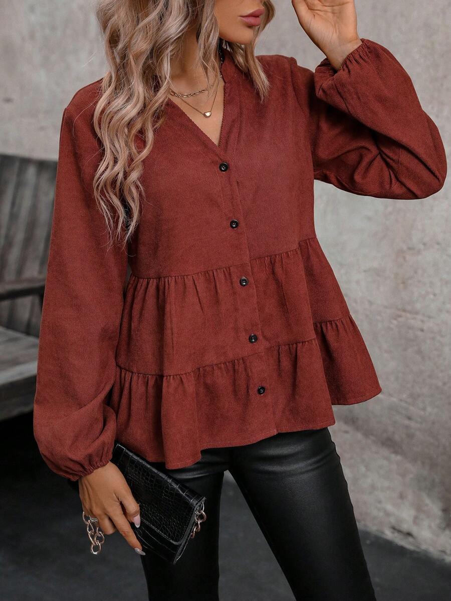 SHEIN LUNE Women's Lantern Sleeve Shirt With Notch Collar And Multi-layered Hem - Brown - View 1