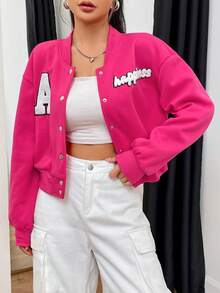 SHEIN Unity Áo khoác Raglan cài nút họa tiết chữ thường ngày dành cho nữ, mùa thu - Màu Hồng Tươi - Xem 6