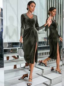 GENKIRA Của phụ nữ Xoắn Nút eo Tách cao Đầm - Xám - Xem 3