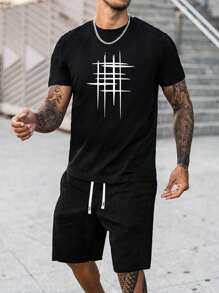 Men 2-Piece Geometric Print Short Sleeve T-Shirt And Drawstring Waist Shorts Set, Casual Summer Outfit, Suitable As Gift For Husband Or Boyfriend