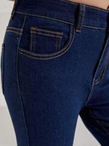 SHEIN Sparklyn Tween Girl Casual Preppy Daily Dark Wash Adjustable Waist Flat Pockets Skinny Jeans - Dark Wash - View 4