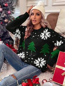 SHEIN LUNE Women's Christmas Tree Towel Embroidered Sweater - Black - View 4