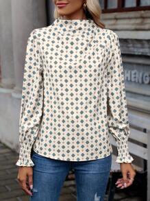 SHEIN Clasi Allover Print Mock Neck Flounce Sleeve Blouse,Long Sleeve Tops Fall Cloth For Women - Apricot - View 4