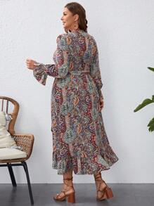 SHEIN VCAY Plus 佩斯利印花荷葉邊袖荷葉邊下擺洋裝搭配腰帶 - 彩色 - 查看 5