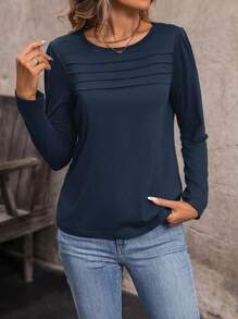 SHEIN LUNE Solid Round Neck Tee Fall Cloth For Women - Navy Blue - View 3