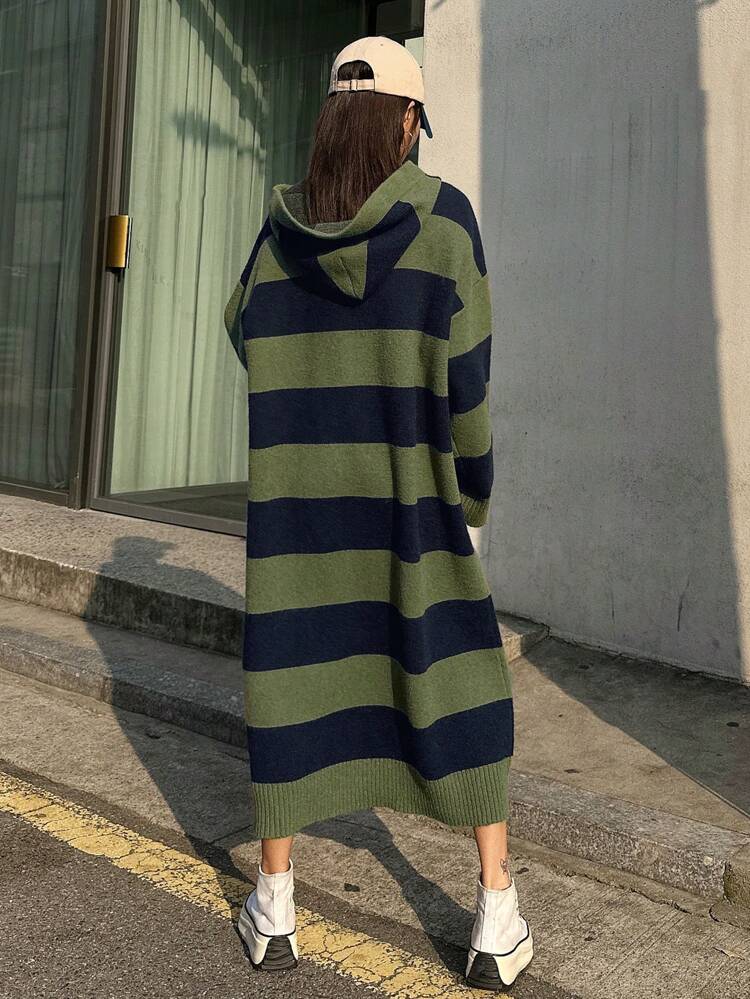Women's Dual Color Striped Hooded Sweater Dress,Fall Clothes
