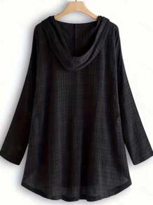 加大码格子印花纽扣装饰抽绳连帽高低摆上衣，休闲黑色春季款 - 黑色 - 查看 2