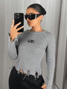 SHEIN ICON 秋冬条纹破洞毛衣 - 灰色 - 查看 4