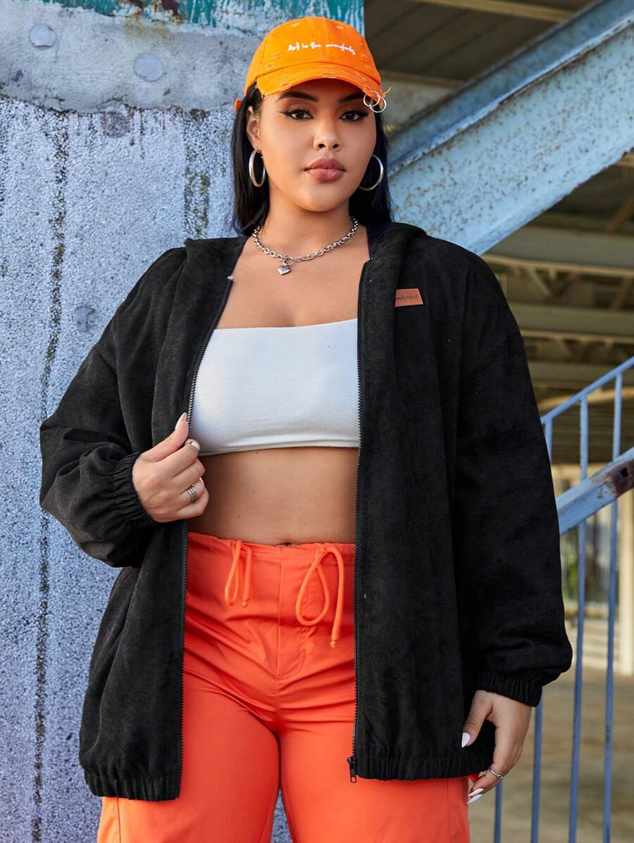 SHEIN EZwear 女式加大码黑色编织连帽夹克,带保暖内衬 - 黑與白 - 查看 1