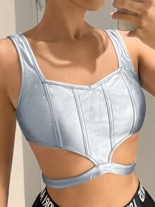 SHEIN ICON 切割設計鍍膜皮紋短款背心上衣 - 銀色 - 查看 6