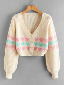 Áo khoác cardigan ngắn tay dài cài một hàng khuy họa tiết trái tim dành cho nữ - Màu be - Xem 1