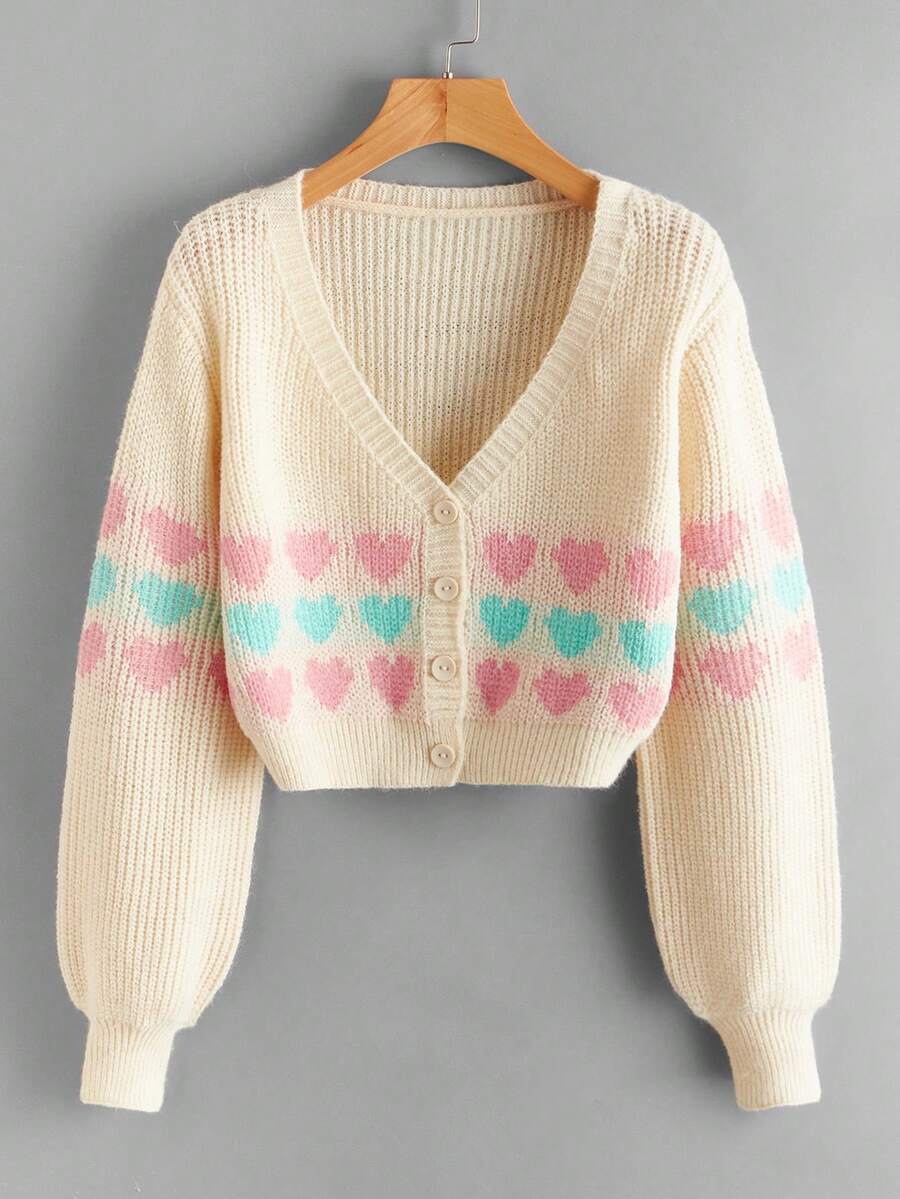 Áo khoác cardigan ngắn tay dài cài một hàng khuy họa tiết trái tim dành cho nữ - Màu be - Xem 1