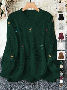 Calvaya Kích thước lớn Thêu hoa Áo len - Màu xanh lá cây đậm - Xem 1