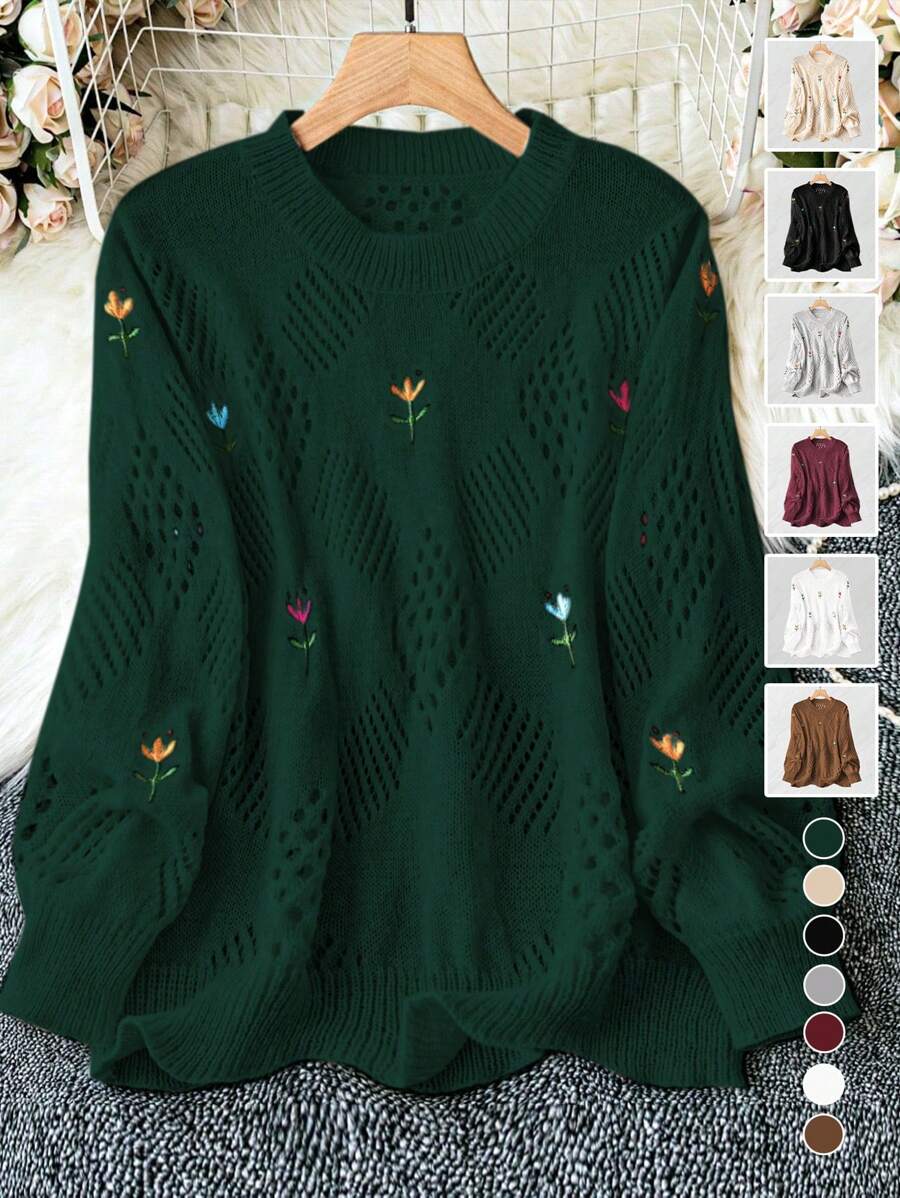 Calvaya Kích thước lớn Thêu hoa Áo len - Màu xanh lá cây đậm - Xem 1