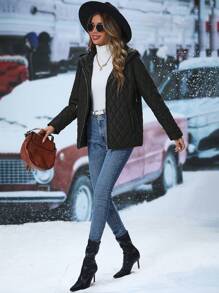 EMERY ROSE 拉链抽绳连帽绗缝棉衣外套，女士冬装休闲口袋，拉链常规袖连帽宽松黑色纯色女士冬装外套，冬装保暖/冬装时尚 - 黑色 - 查看 4